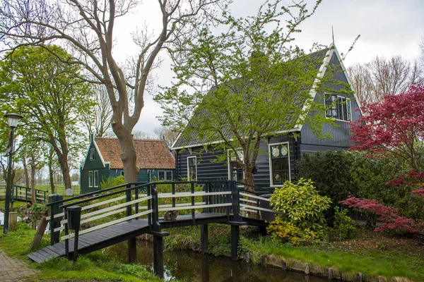 Geleneksel evler içinde tarihi köy, Zaanse Schans'a Hollanda Zaan Nehri üzerinde