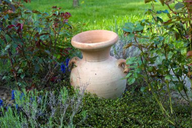 Bahçede çiçek tarhı - güller, lavanta çiçekleri ve kil çömlek - bahar zamanı
