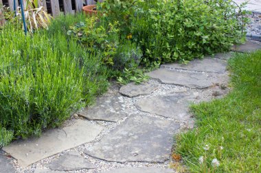 Bahçedeki çiçek tarhı - güller, lavanta çiçekleri ve taş yol