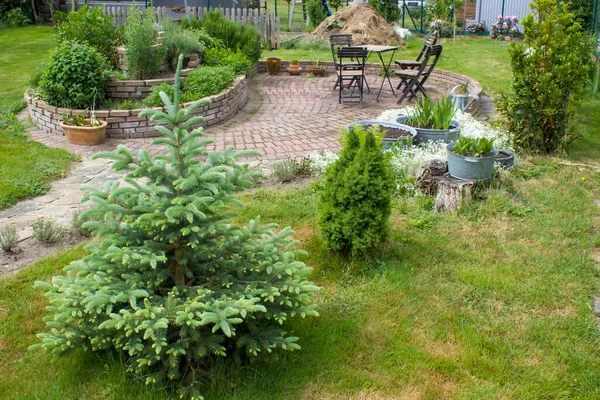 素朴な庭 トウヒ 錫の浴槽の植物 ハーブスパイラル 椅子とテーブル — ストック写真