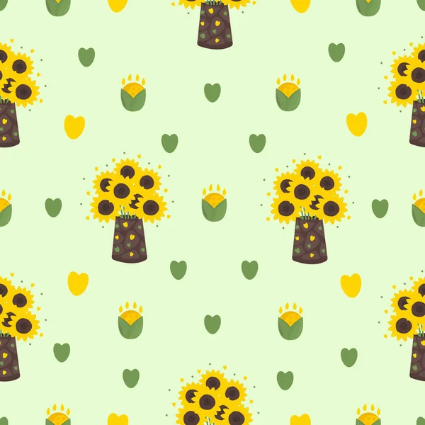 Tournesols Sur Fond Vert Clair Motif Sans Couture — Image vectorielle