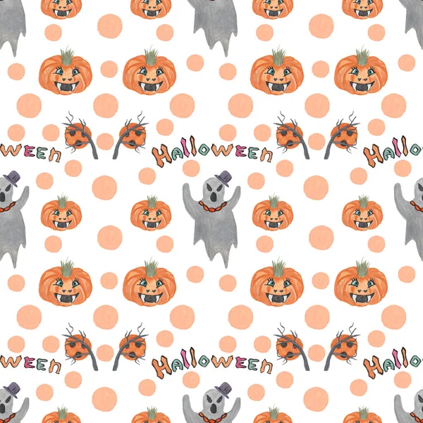 Halloween, colorful seamless pattern on white background, hand drawn in watercolor technique