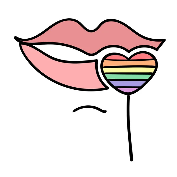 Lippen Mit Regenbogen Lutscher Lgbt Flagge Vektor Doodle — Stockvektor