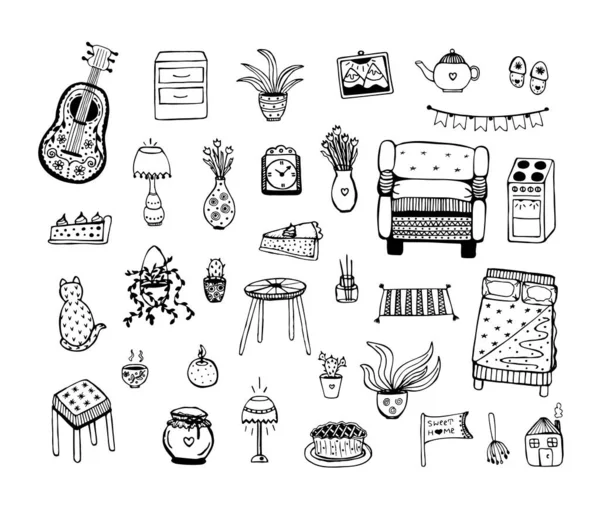Articles Maison Confortables Set Doodle — Image vectorielle