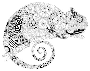 Bir bukalemunun siyah beyaz görüntüsünün vektör çizimi. Tişört ya da dövme tasarımı için zentangle stili elle çizilmiş. Vahşi yaşam ile strese karşı boyama kitabı.