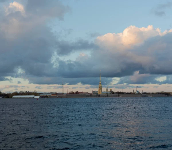 Panorama Neva River Peter Paul Fortress Beautiful Clouds Sunset Sky — Stock Photo, Image