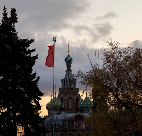 Flagpole Soviet Symbols Red Flag Church Savior Spilled Blood Background — Stock Photo, Image