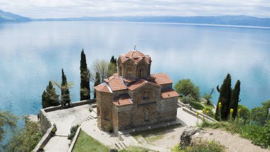Kuzey Makedonya 'nın Ohri kentindeki çiçekli bir evin yakınındaki taş blokta oturan küçük tüylü bir köpek görülüyor
