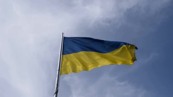 Bandeira Ucrânia Treme Céu Azul Grande Bandeira Nacional Ucraniana Azul — Vídeo de Stock