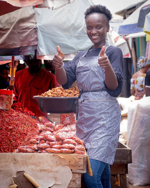 African Nigerian Female Trader Seller Business Woman Entrepreneur Apron Happily — Φωτογραφία Αρχείου