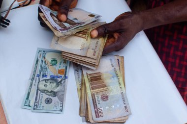 African hands holding multiple spread nigerian currency, money or cash with dollar and Naira notes placed beside themselves on a white table