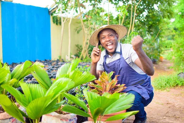 African Male Gardener Florist Horticulturist Wearing Apron Hat Making Phone — Stockfoto