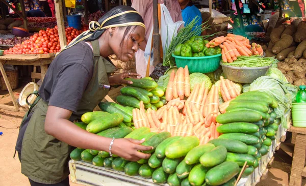 Stock Photo Female African Grocery Seller Business Woman Apron Standing — Fotografie, imagine de stoc