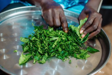Dişi bir Nijeryalı Afrikalı aşçının elleri ya da aşçı bıçakla sebzeleri küçük ve küçük parçalara ayırırken yemek hazırlıyor.