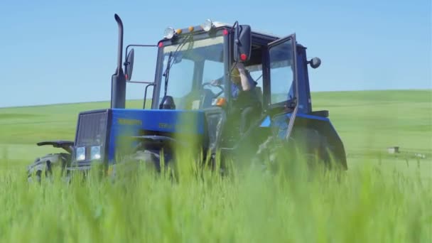 Tarlada Traktör Yaşlı Çiftçi Traktörden Indi — Stok video