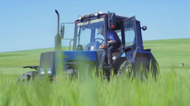 Traktor Auf Dem Feld Alter Bauer Steigt Aus Traktor — Stockvideo