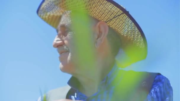 Portrét Staršího Muže Klobouku Modré Košili Pozadí Slunečného Dne — Stock video