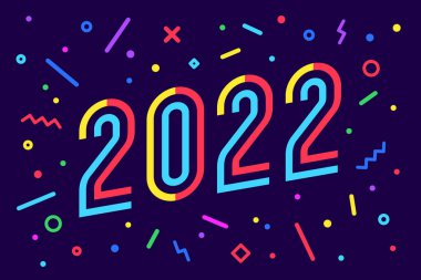 2022 yılı. - Mutlu yıllar. Üzerinde 2022 yazan tebrik kartı. Mutlu yeni yıl 2022 için geometrik parlak stil. Tatil geçmişi, poster. Vektör İllüstrasyonu