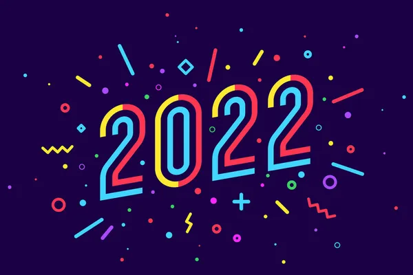 2022 yılı. - Mutlu yıllar. Üzerinde 2022 yazan tebrik kartı. Mutlu yeni yıl 2022 için geometrik parlak stil. Tatil geçmişi, poster. Vektör İllüstrasyonu