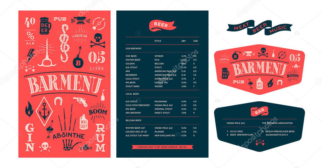 Brand identity set for Beer Bar, Pub. Old school vintage template menu with cover and text list template, business card. Vintage graphic element menu, card for bar, pub. Vector Illustration