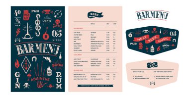 Beer Bar, Pub 'a marka kimlik ayarlandı. Kapaklı eski moda şablon menüsü, metin listesi şablonu, kartvizit. Klasik grafik öğe menüsü, bar ve bar için kart. Vektör İllüstrasyonu
