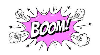 Konuşma baloncuğu patlaması. Pankart, konuşma balonu, poster ve çıkartma konsepti, metin Boom ile süper komik stil. Patlama tasarımı, konuşma balonu, afiş, poster ve internet için mesaj patlaması. Vektör İllüstrasyonu