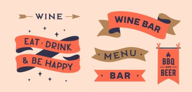 Klasik grafiği ayarla. Kurdele, bayrak, yazı tahtası, şarap barı, menü, mutlu ol, iç, şarap menüsü. Tecrit edilmiş eski okul seti. Retro klasik bayrak, kurdele, grafik. Vektör İllüstrasyonu