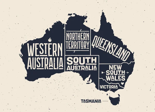 Mapa Australia Mapa Póster Australia Impresión Blanco Negro Australia Mapa — Vector de stock