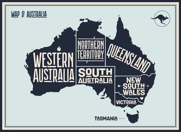 Karte Australien Posterkarte Von Australien Druck Von Australien Verwaltungskarte Mit — Stockvektor