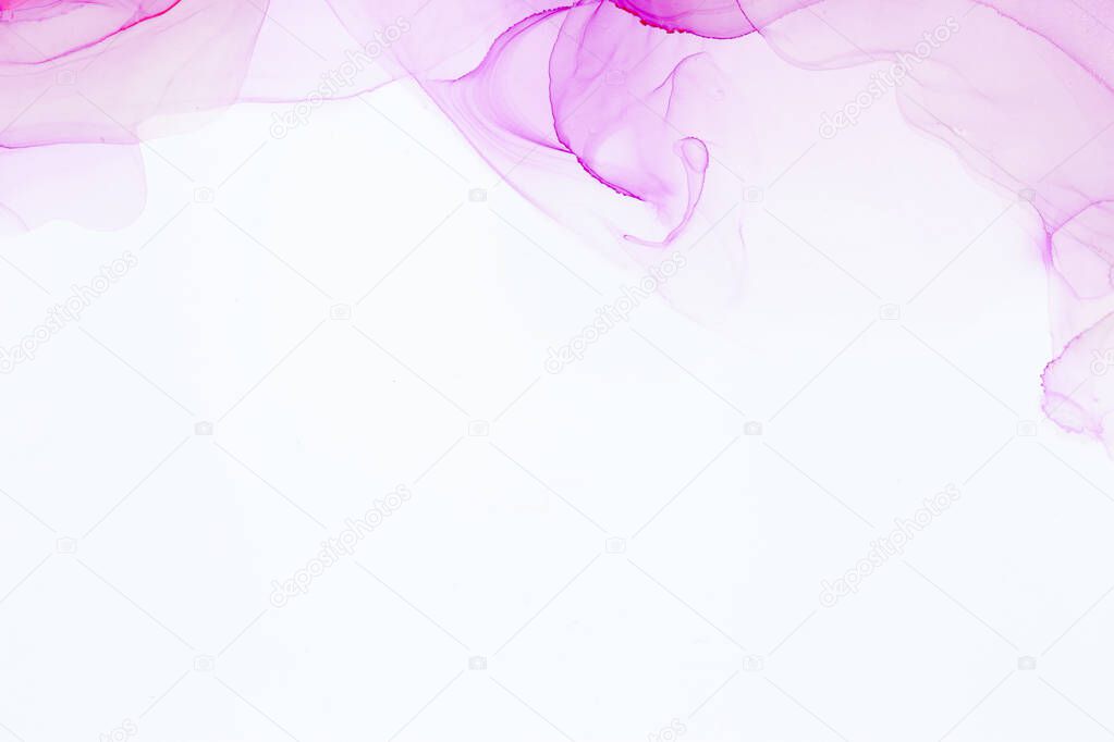 Abstract colorful alcohol ink color pink rose tone on white background. Abstract artwork. Trendy wallpaper.