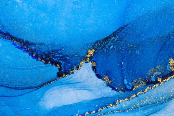 Elegant Blue and Gold Background. Alcohol inks painting on canvas. Abstract Modern art. Contemporary art.