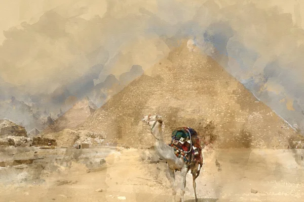 Digitale Aquarel Schilderij Van Mooi Landschap Uitzicht Beroemde Egyptische Piramides — Stockfoto