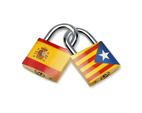 Interlocking padlocks with flag of Spain and with flag of Catalonia isolated on white background. Conceptual image of the independence conflict. Spanish government pardons for jailed separatists.