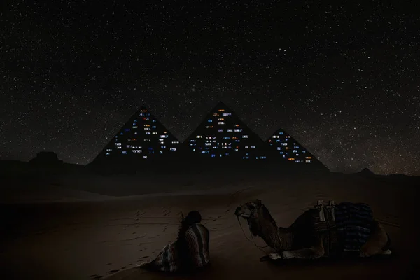 Futuristic and dystopian view of the great pyramid in Egypt. Conceptual scene of the great pyramid converted into a modern office building.