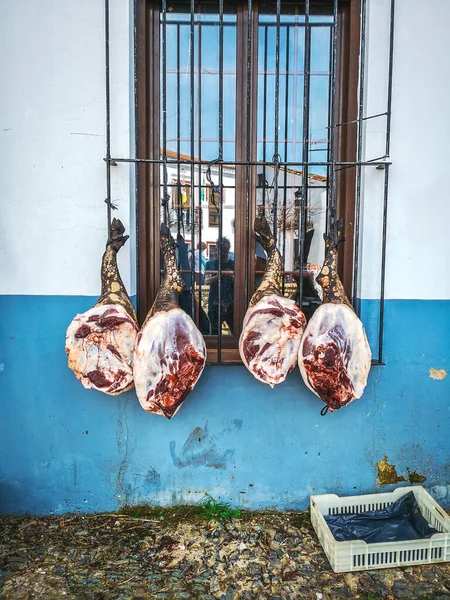 Legs Spanish Jamon Iberico Hanging Traditional Festival Iberian Pig Slaughter — Stock Photo, Image