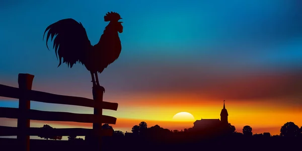 Country Landscape Dawn Rooster Perched Fence Foreground Traditional Village France — стоковый вектор