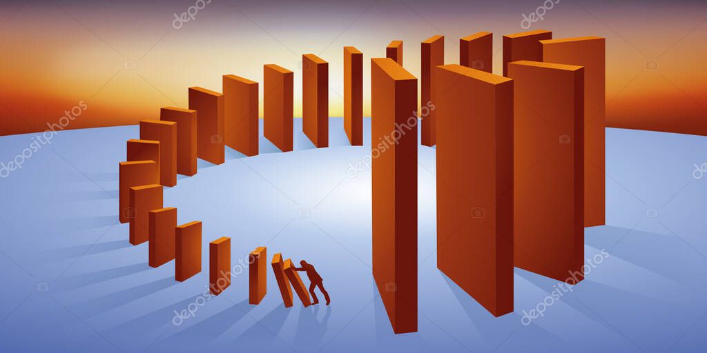 Concepto de una reacción en cadena, con un hombre empujando un signo y