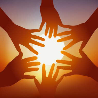 Concept of cohesion, with five outstretched hands forming a star, to symbolize commitment and team spirit.