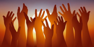 Concept of membership with a group of hands raised in front of a sunset, to symbolize the cohesive vote.