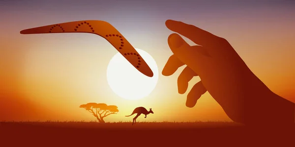 Concept Agility Arm Aborigine Who Throws Boomerang Australian Desert Landscape — стоковый вектор