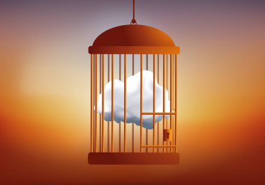 Düşünme özgürlüğünden mahrum olma kavramı, bir kafese kapatılmış rüya sembolü bir bulutla..