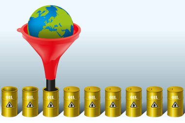 conceptual image showing a funnel, the earth squeezed like a lemon to pour its oil into barrels
