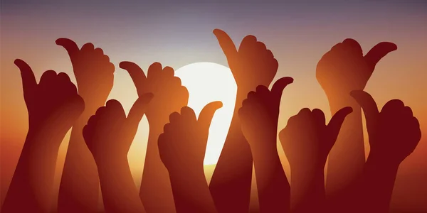 Concept Union Group Hands Thumbs Front Sunset Symbolize Membership Vote — стоковый вектор