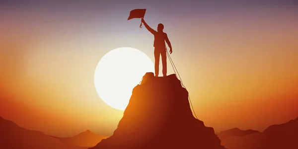 Concept Sporting Achievement Mountaineer Winning Top Mountain Waving Flag Sign — стоковый вектор
