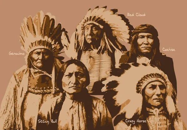 Retratos Históricos Americanos Jefes Indios Que Hicieron Famosos Durante Conquista — Vector de stock