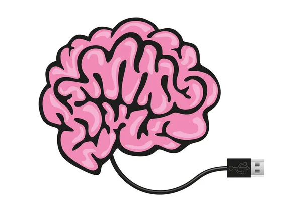 带有Usb连接电缆的人脑绘图以保存数据的人工智能概念 — 图库矢量图片