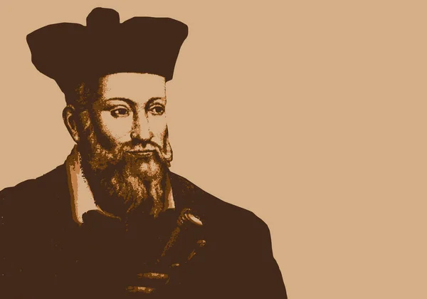 Ritratto Disegnato Nostradamus Famoso Astrologo Noto Sue Predizioni Profezie — Vettoriale Stock