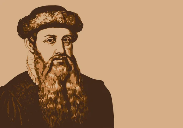 Skizziertes Gutenberg Porträt Berühmt Für Die Erfindung Der Druckerpresse — Stockvektor