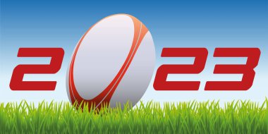 The year 2023 with a rugby ball placed on the lawn of a field to symbolize the launch of the new competitive season. clipart