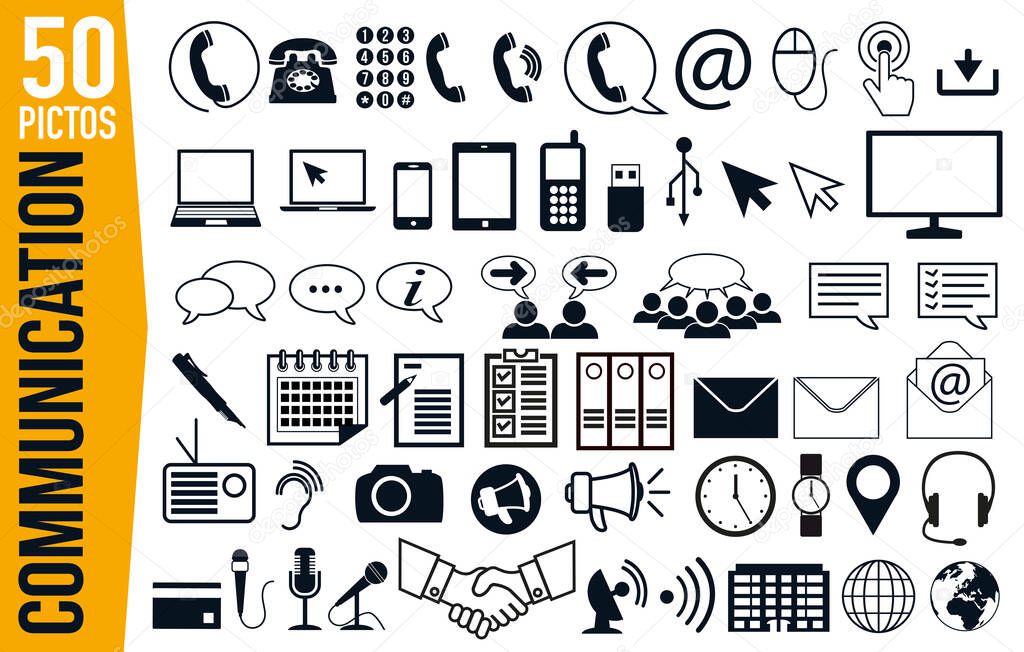 Pictograms set to illustrate the theme of communication, grouping icons for business and the web on a board.
